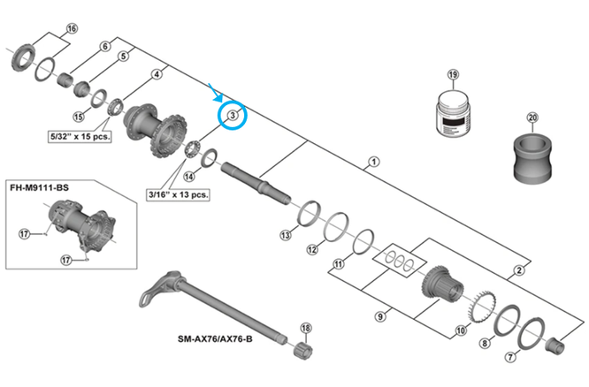Shimano porte-billes FH-M9111 3/16" Shimano porte-billes FH-M9111 3/16"