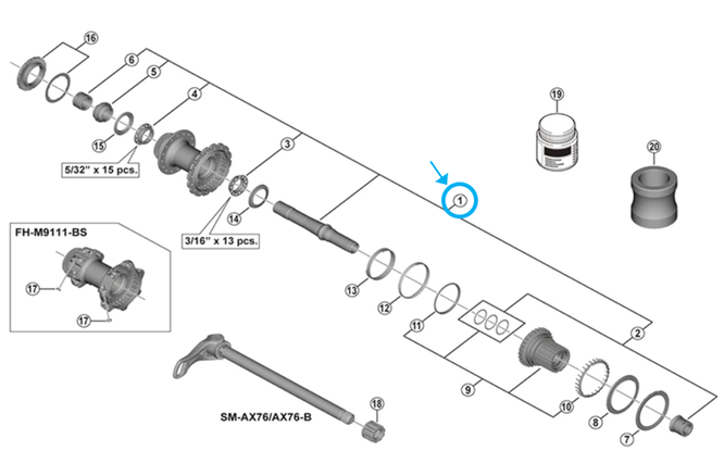 Shimano axe complet FH-M9111 148mm Shimano axe complet FH-M9111 148mm