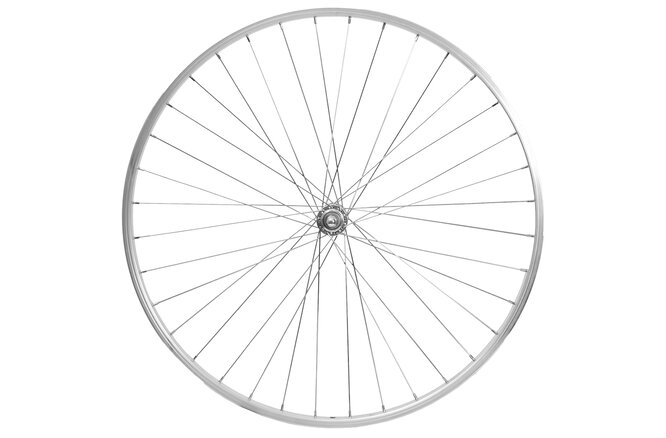 Roue avant 28" 622x19 moyeu alu axe plein 100mm V-Brake NT argent Roue avant 28" 622x19 moyeu alu axe plein 100mm V-Brake NT argent