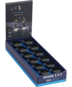 Frontlicht Spark 2.0 mit USB-C / Akku Box à 12 Stk., Schnellverschluss
 Max. Runtime Mode Steady: 10 hours 
 Output / Runtime: 45 Lumen / 0.7 Lux (3h), 14 Lumen /<0.5 Lux (10h), Flash (27h) 
 Safety: Runtime safety mode + 2 - 4h 
 Beam distance: 18m 
 Light Type: LED 
 Battery: Lithium Polymer, 300mAh 
 Charge time / port: 1:45h / USB-C 
 Modes steady: Low, High (saves last mode) 
 Modes flash: Flash, Day Flash (saves last mode) 
 Weight: 26 grams 
 Fixation: Strap mount Ø 5-42mm aero compatible 
 Water resistant: IPX4