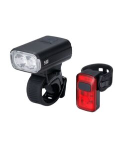 Lichtset NanoStrike 500 + BLS-152 Spark 
 Front NanoStrike 500i | BLS-261 
 Max. Runtime Mode Steady: 12 hours 
 Output / Runtime: 500 Lumen (1:30h), 50 Lumen (12h), Flash (35h) 
 Safety: Runtime safety mode, fade out 
 Beam distance: 150mm 
 Light Type: Dual-LED with round beam 
 Battery: Lithium Polymer, 1200mAh 
 Charge time / port: 2:30h / USB-C 
 Modes steady: High, Standard, City (saves last mode) 
 Modes flash: Flash, Day Flash, Steady Flash, double-click (saves last mode) 
 Mode secret: High, Low 
 Size / Weight: 70 x 39.5 x 26mm, 95 grams 
 Fixation: StrapFix Duo BLS-194 for Ø 22-52mm 
 Water resistant: IPX6 
 Diverse: Battery indicator, Alu-housing, wired remote ready BLS-179 
 
 Rear Spark 2.0 | BLS-152 
 Max. Runtime Mode Steady: 10 hours 
 Output / Runtime: 10Lumen / <0.5 Lux (3:00h), 3 Lumen / <0.5 Lux (10h), 
 Flash (20h) 
 Safety: Runtime safety mode +4h 
 Light Type: LED 
 Battery: Lithium Polymer, 300mAh 
 Charge time / port: 1:45h 2A / USB-C 
 Modes steady: High, Low (saves last mode) 
 Modes flash: Flash, Day Flash (saves last mode) 
 Weight: 23 grams 
 Fixation: StrapFix Ø 5-42mm aero compatible 
 Water resistant: IPX7