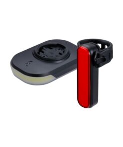 Lichtset Slice 300 + BLS-255 Signal Garmin+Wahoo Insert, Akkuanzeige
 Front Slice 300 | BLS-281 
 Max. Runtime Mode Steady: 20 hours 
 Output / Runtime: 100 Lumen (3:50h), 10 Lumen (20h), Steady Flash 25h 
 Safety: Runtime safety mode + 4h 
 Light Type: Dual LED 
 Battery: Lithium polymer 750 mAh 
 Charge port: USB-C 
 Modes steady: High, Mid, Low, City (saves last mode) 
 Modes flash: Flash, Day Flash, Steady Flash (saves last mode) 
 Fixation: Quarter Lock Mount, Garmin and Wahoo Adapter included 
 Water resistant: IPX7 
 Diverse: Battery indicator, 300 Lumen Flash 
 
 Rear Signal | BLS-255 
 Max. Runtime Mode Steady: 20 hours 
 Output / Runtime: 20 Lumen (3:00h), 2 Lumen (20h), Flash (29h) 
 Safety: Runtime safety mode +4h 
 Light Type: Full surface COB-LED&rsquo;s 
 Battery: Lithium Polymer, 300mAh 
 Charge time / port: 2:00h / USB-C 
 Modes steady: High, Mid, Low (saves last mode) 
 Modes flash: Flash, Day Flash, Steady Flash, Brake only (saves last mode) 
 Weight: 34 grams 
 Fixation: StrapFix Ø 5-42mm aero compatible 
 Water resistant: IPX7 
 Diverse: Battery indicator, brake function, 80 Lumen Day Flash